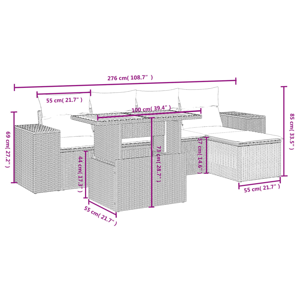 6-tlg. Garten-Sofagarnitur mit Kissen Schwarz Poly Rattan