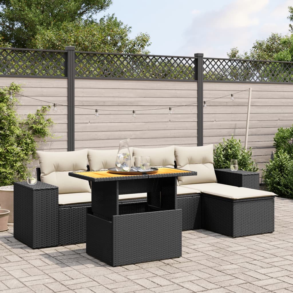 6-tlg. Garten-Sofagarnitur mit Kissen Schwarz Poly Rattan