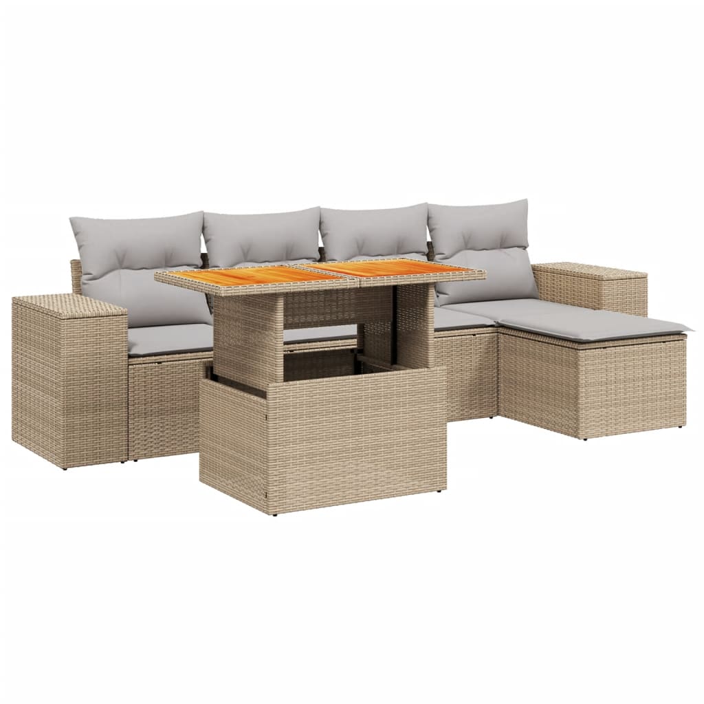 6-tlg. Garten-Sofagarnitur mit Kissen Beige Poly Rattan