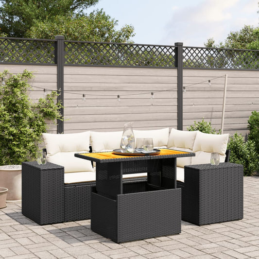 5-tlg. Garten-Sofagarnitur mit Kissen Schwarz Poly Rattan