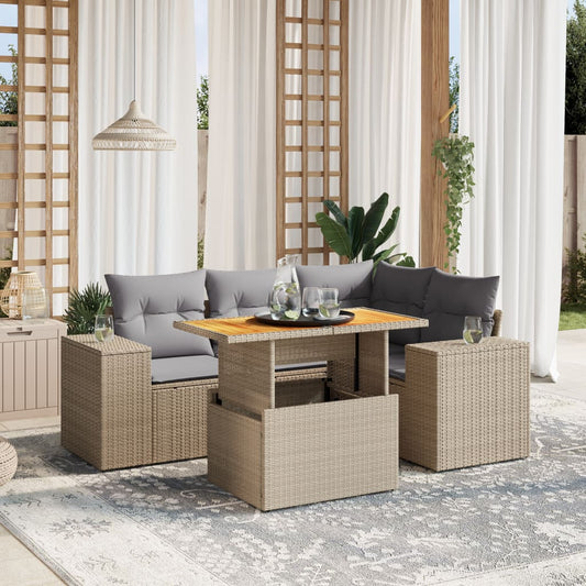 5-tlg. Garten-Sofagarnitur mit Kissen Beige Poly Rattan