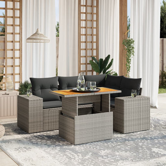 5-tlg. Garten-Sofagarnitur mit Kissen Grau Poly Rattan