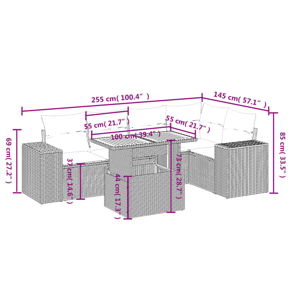 6-tlg. Garten-Sofagarnitur mit Kissen Schwarz Poly Rattan