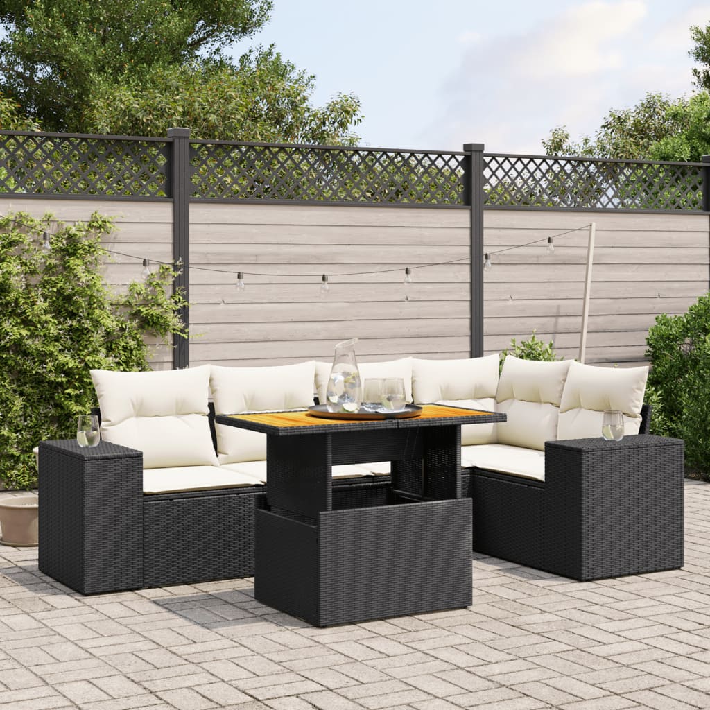 6-tlg. Garten-Sofagarnitur mit Kissen Schwarz Poly Rattan