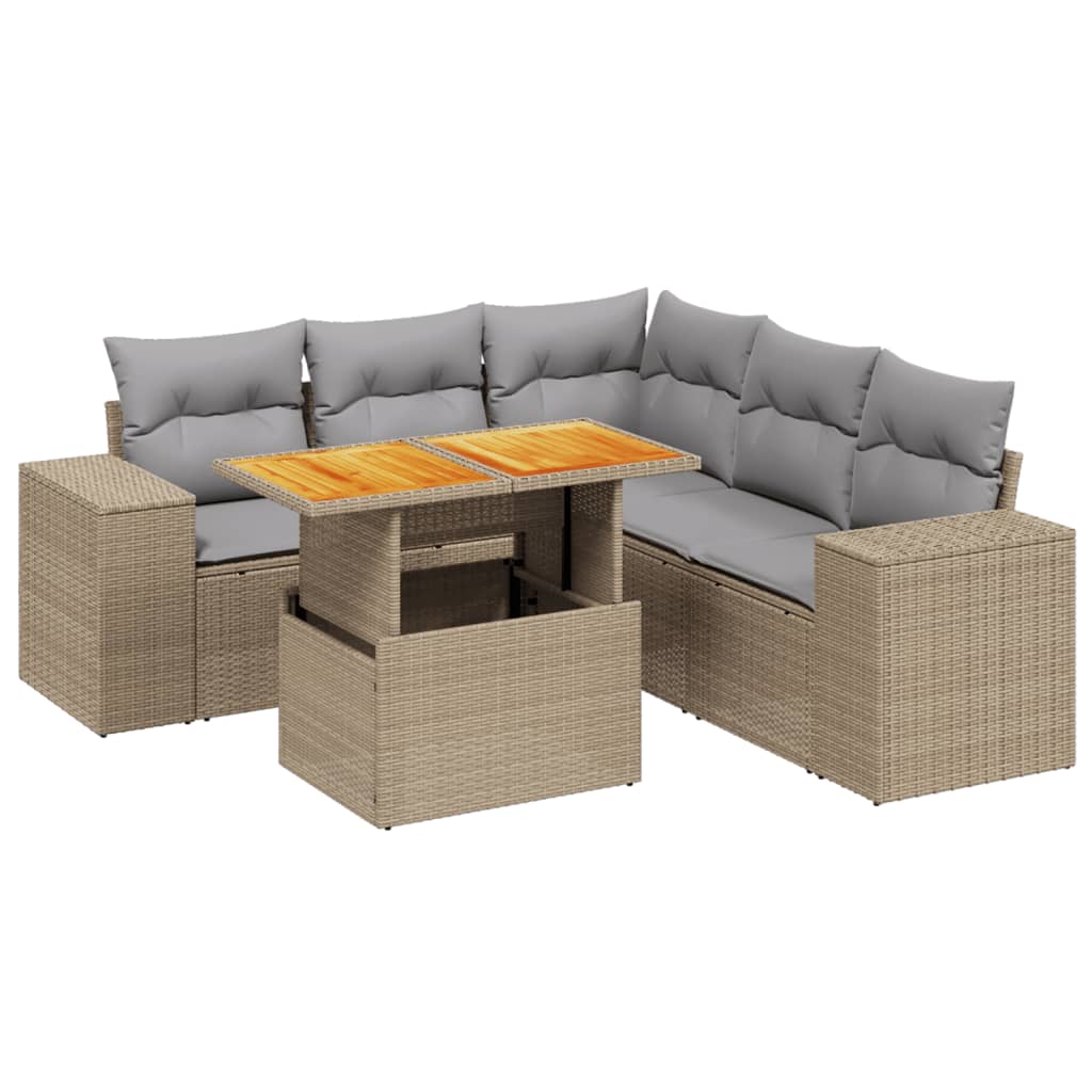 6-tlg. Garten-Sofagarnitur mit Kissen Beige Poly Rattan