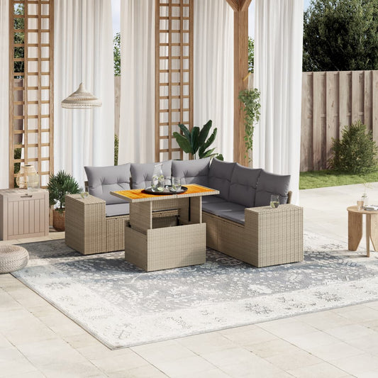 6-tlg. Garten-Sofagarnitur mit Kissen Beige Poly Rattan