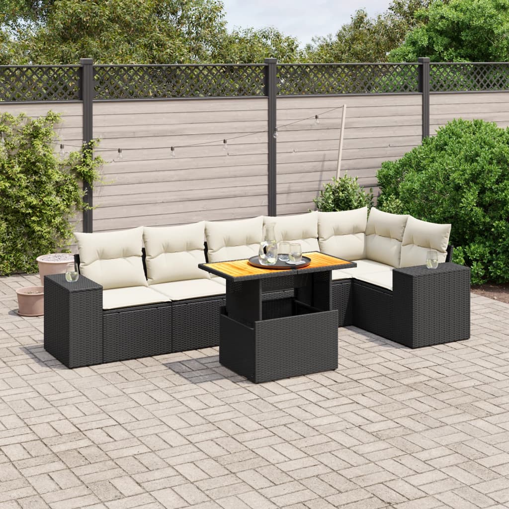 7-tlg. Garten-Sofagarnitur mit Kissen Schwarz Poly Rattan