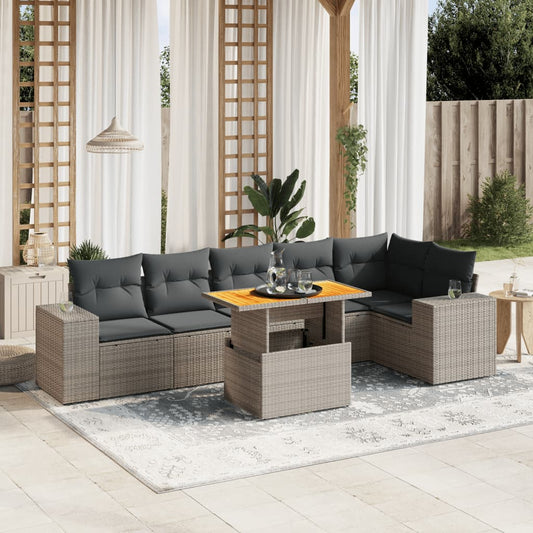 7-tlg. Garten-Sofagarnitur mit Kissen Grau Poly Rattan