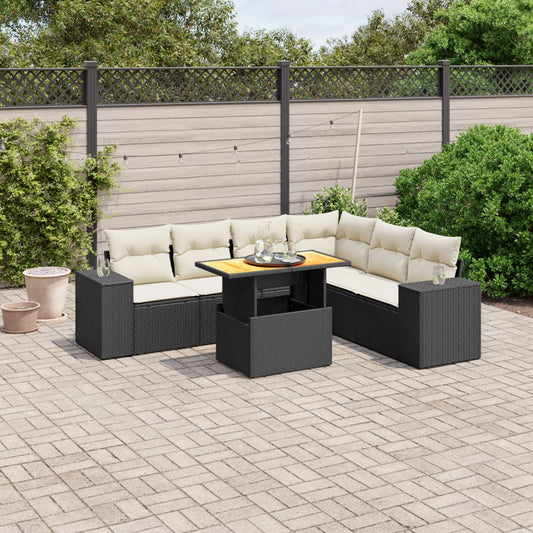 7-tlg. Garten-Sofagarnitur mit Kissen Schwarz Poly Rattan