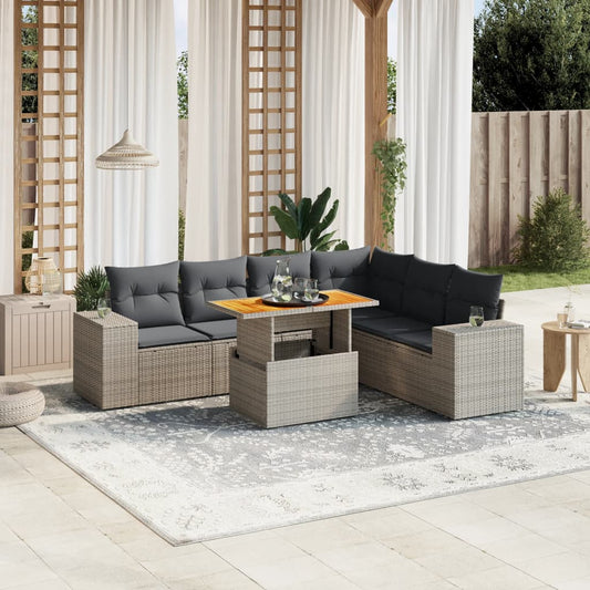 7-tlg. Garten-Sofagarnitur mit Kissen Grau Poly Rattan