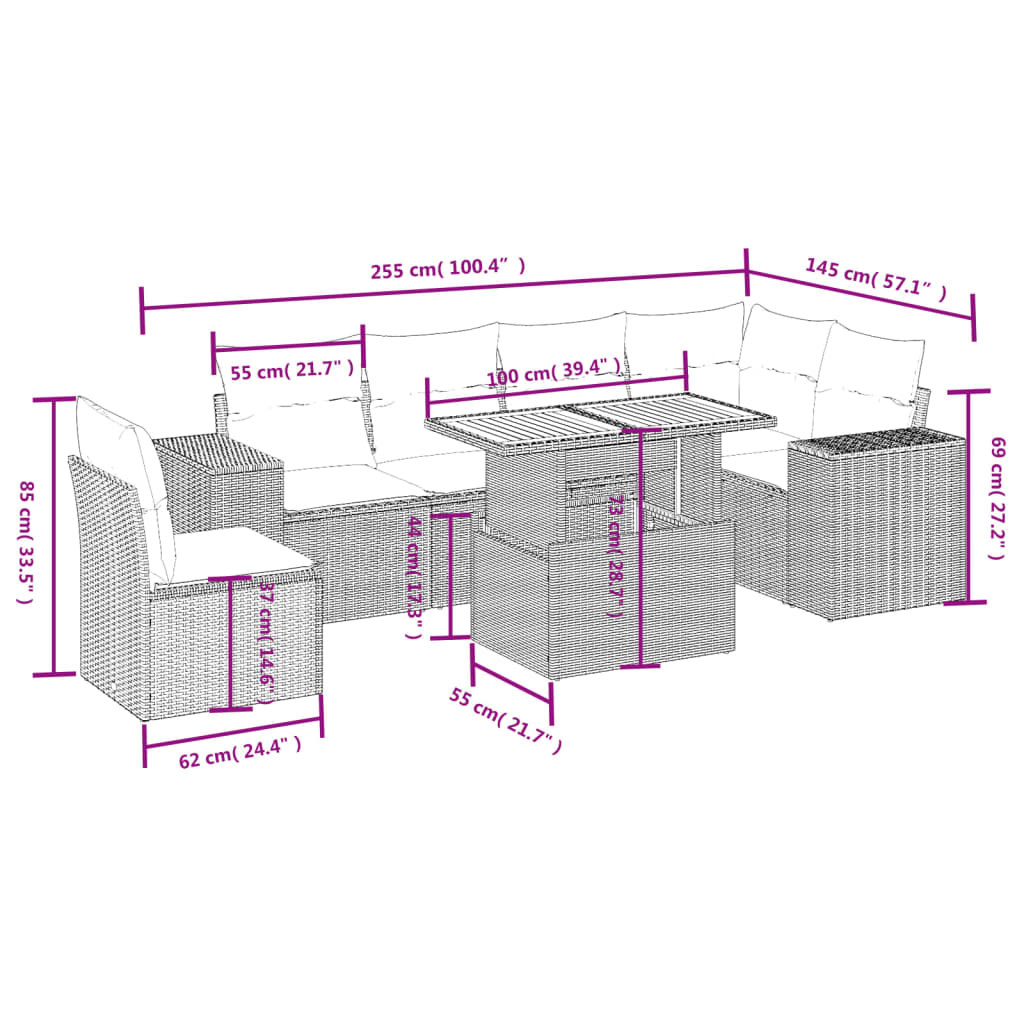 7-tlg. Garten-Sofagarnitur mit Kissen Grau Poly Rattan