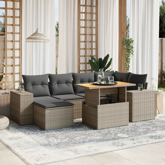 7-tlg. Garten-Sofagarnitur mit Kissen Grau Poly Rattan