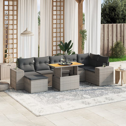 8-tlg. Garten-Sofagarnitur mit Kissen Grau Poly Rattan