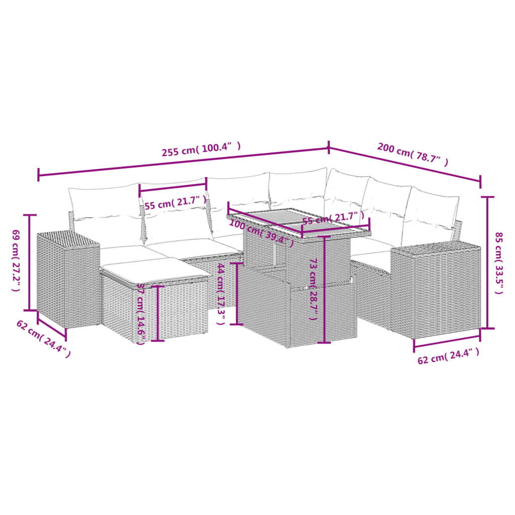 8-tlg. Garten-Sofagarnitur mit Kissen Schwarz Poly Rattan