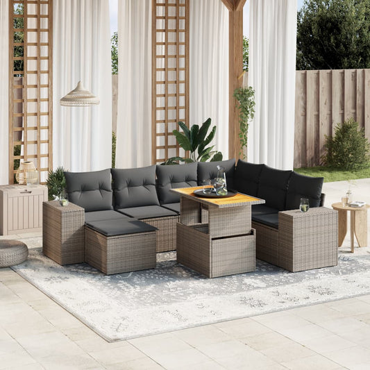 8-tlg. Garten-Sofagarnitur mit Kissen Grau Poly Rattan