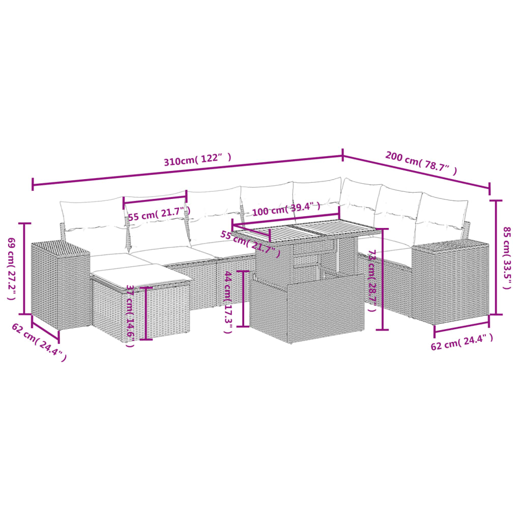 9-tlg. Garten-Sofagarnitur mit Kissen Grau Poly Rattan