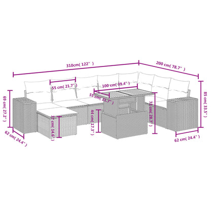 9-tlg. Garten-Sofagarnitur mit Kissen Grau Poly Rattan