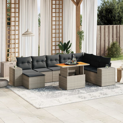 9-tlg. Garten-Sofagarnitur mit Kissen Grau Poly Rattan