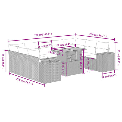 10-tlg. Garten-Sofagarnitur mit Kissen Grau Poly Rattan