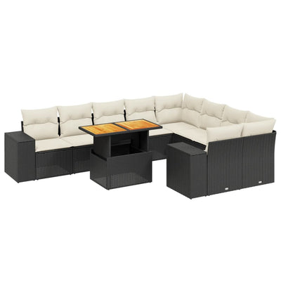 10-tlg. Garten-Sofagarnitur mit Kissen Schwarz Poly Rattan