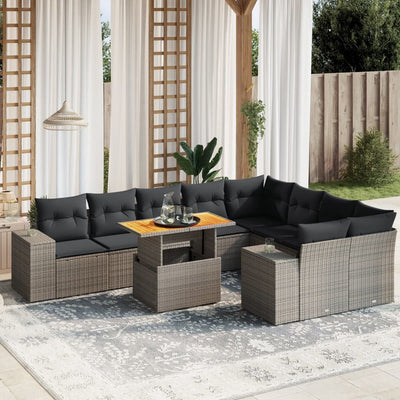 10-tlg. Garten-Sofagarnitur mit Kissen Grau Poly Rattan