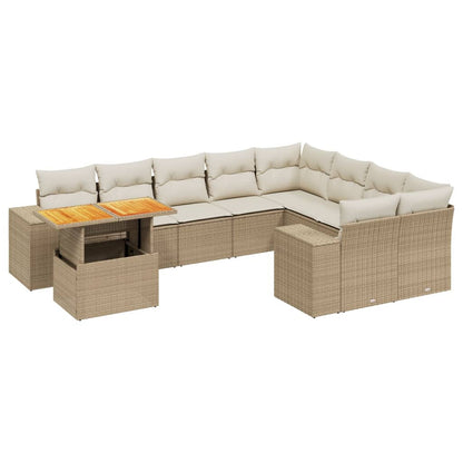 10-tlg. Garten-Sofagarnitur mit Kissen Beige Poly Rattan