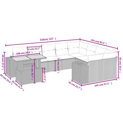 10-tlg. Garten-Sofagarnitur mit Kissen Beige Poly Rattan