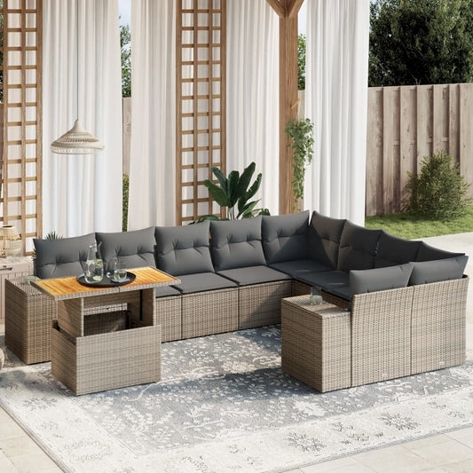 10-tlg. Garten-Sofagarnitur mit Kissen Grau Poly Rattan