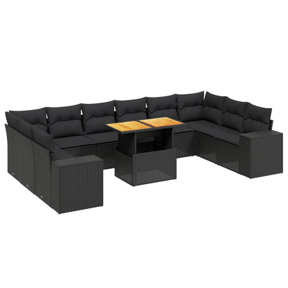 11-tlg. Garten-Sofagarnitur mit Kissen Schwarz Poly Rattan