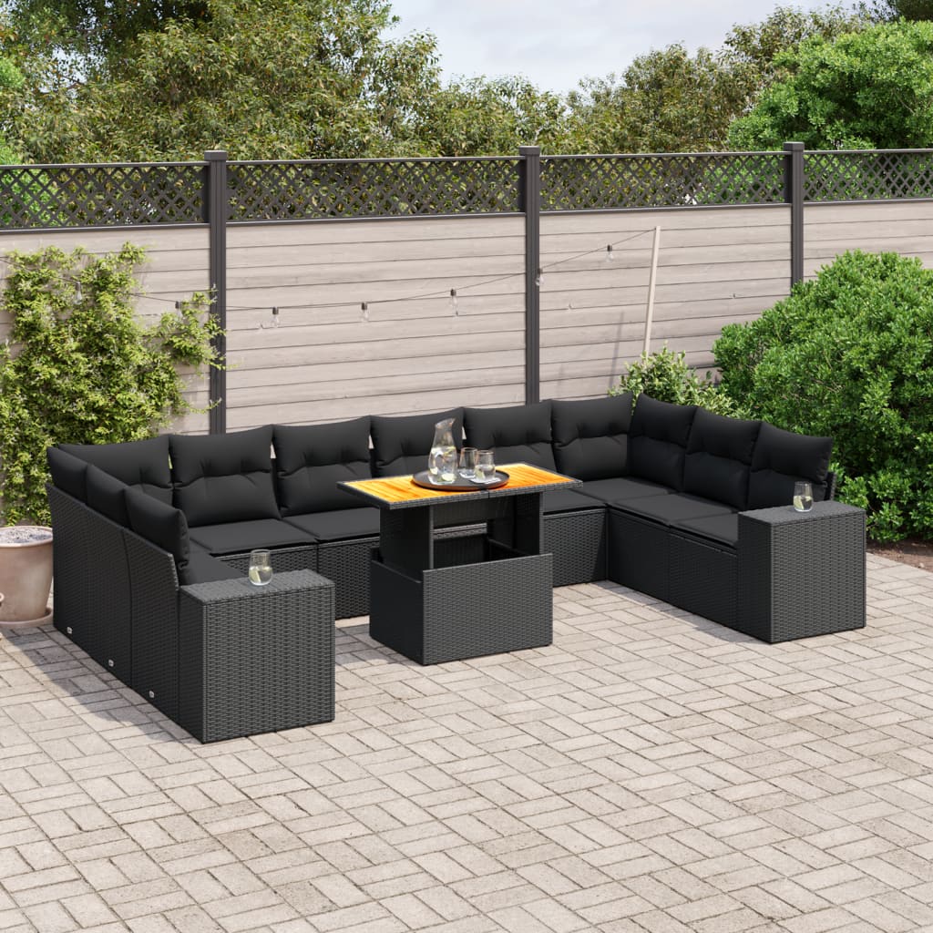 11-tlg. Garten-Sofagarnitur mit Kissen Schwarz Poly Rattan