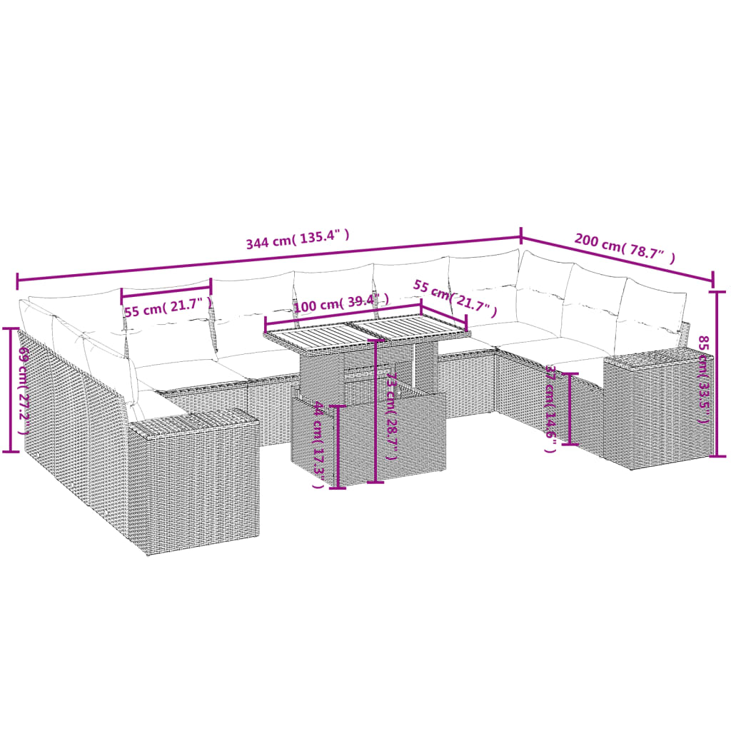 11-tlg. Garten-Sofagarnitur mit Kissen Schwarz Poly Rattan