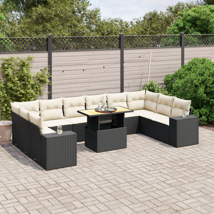 11-tlg. Garten-Sofagarnitur mit Kissen Schwarz Poly Rattan