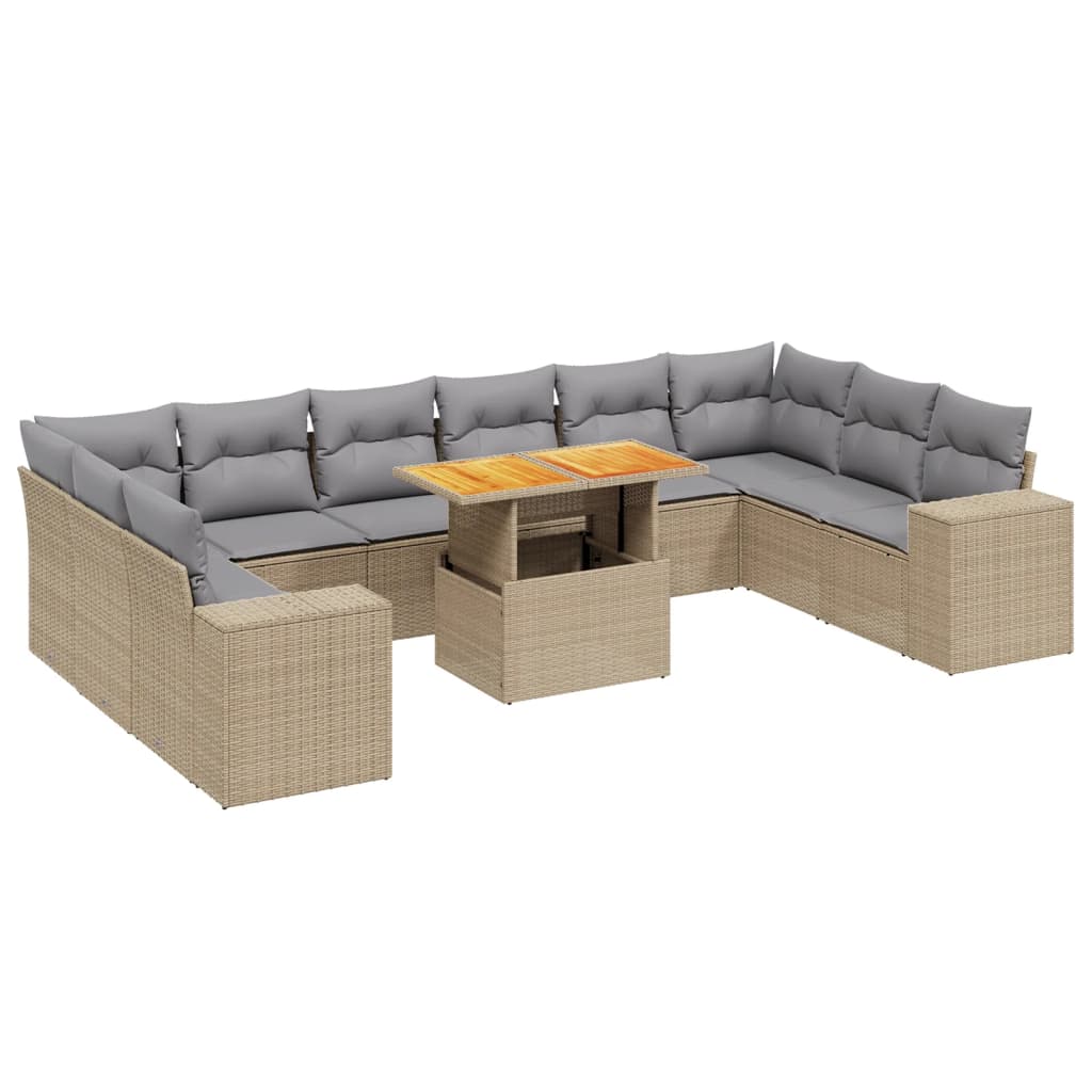 11-tlg. Garten-Sofagarnitur mit Kissen Beige Poly Rattan