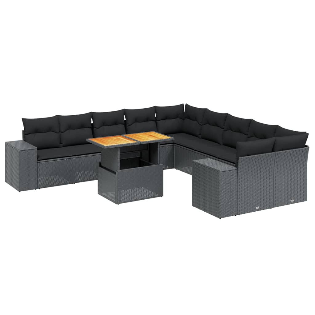 11-tlg. Garten-Sofagarnitur mit Kissen Schwarz Poly Rattan