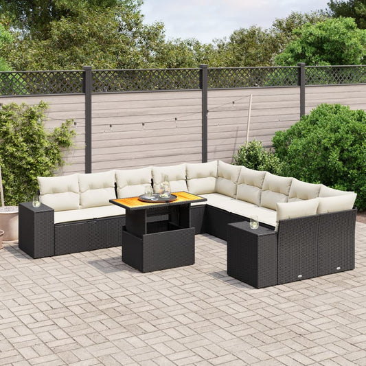 11-tlg. Garten-Sofagarnitur mit Kissen Schwarz Poly Rattan