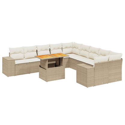 11-tlg. Garten-Sofagarnitur mit Kissen Beige Poly Rattan