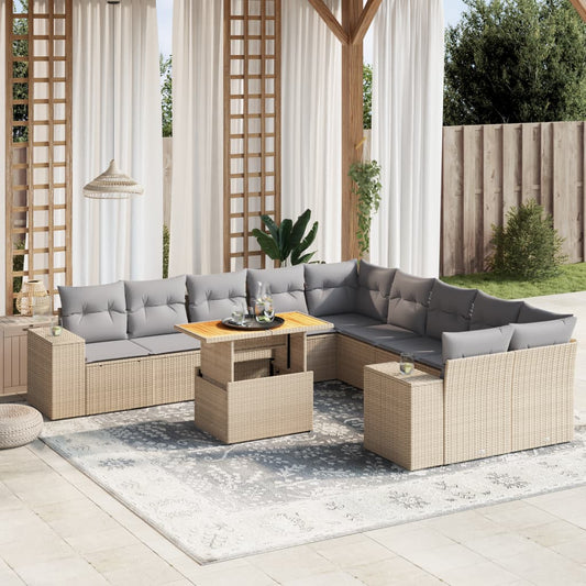 11-tlg. Garten-Sofagarnitur mit Kissen Beige Poly Rattan