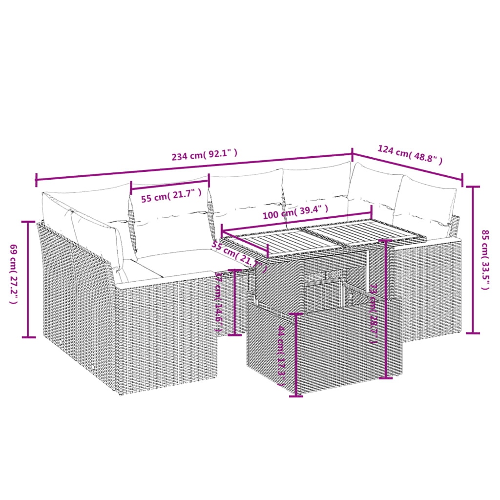 7-tlg. Garten-Sofagarnitur mit Kissen Schwarz Poly Rattan