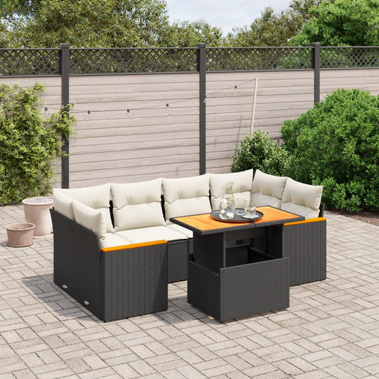 7-tlg. Garten-Sofagarnitur mit Kissen Schwarz Poly Rattan