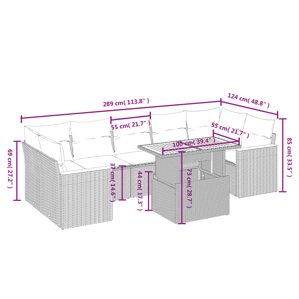 8-tlg. Garten-Sofagarnitur mit Kissen Schwarz Poly Rattan