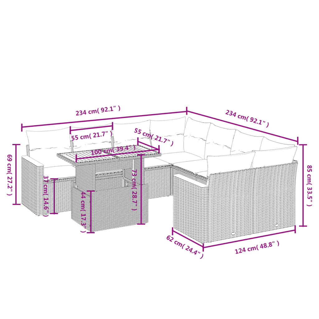 9-tlg. Garten-Sofagarnitur mit Kissen Schwarz Poly Rattan