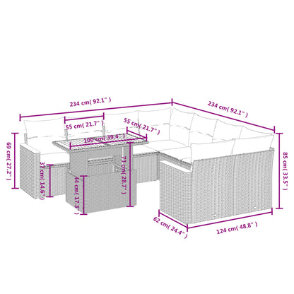 9-tlg. Garten-Sofagarnitur mit Kissen Schwarz Poly Rattan