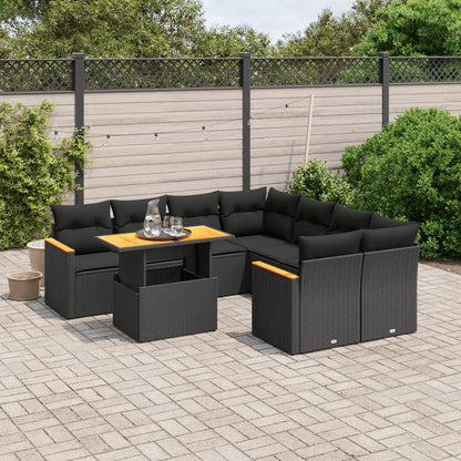 9-tlg. Garten-Sofagarnitur mit Kissen Schwarz Poly Rattan