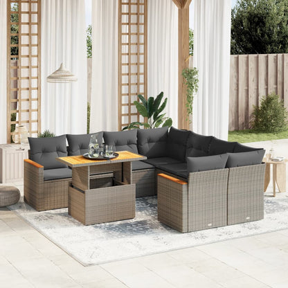 9-tlg. Garten-Sofagarnitur mit Kissen Grau Poly Rattan