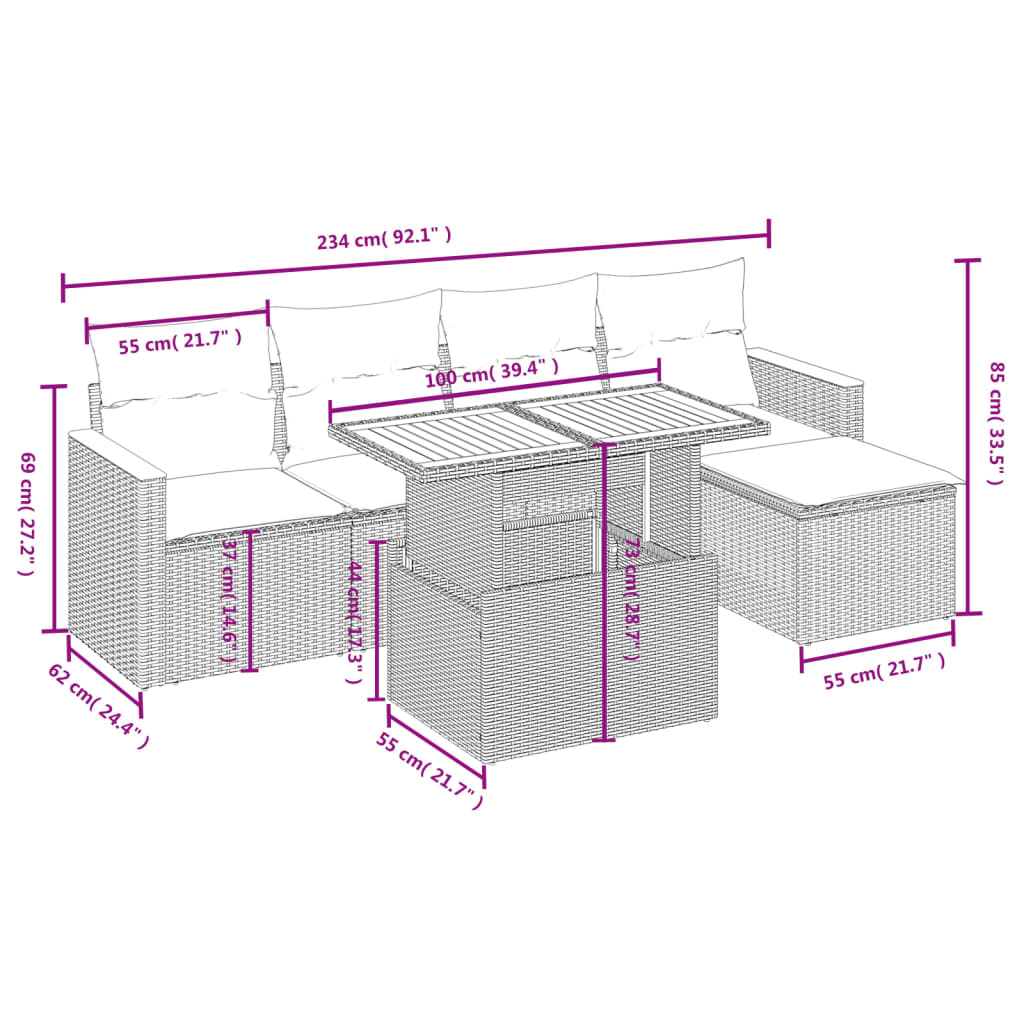 6-tlg. Garten-Sofagarnitur mit Kissen Grau Poly Rattan