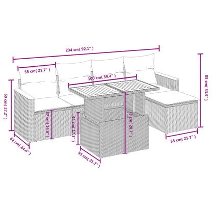 6-tlg. Garten-Sofagarnitur mit Kissen Grau Poly Rattan