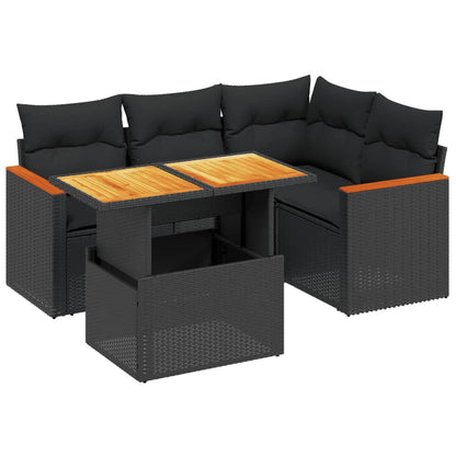 5-tlg. Garten-Sofagarnitur mit Kissen Schwarz Poly Rattan