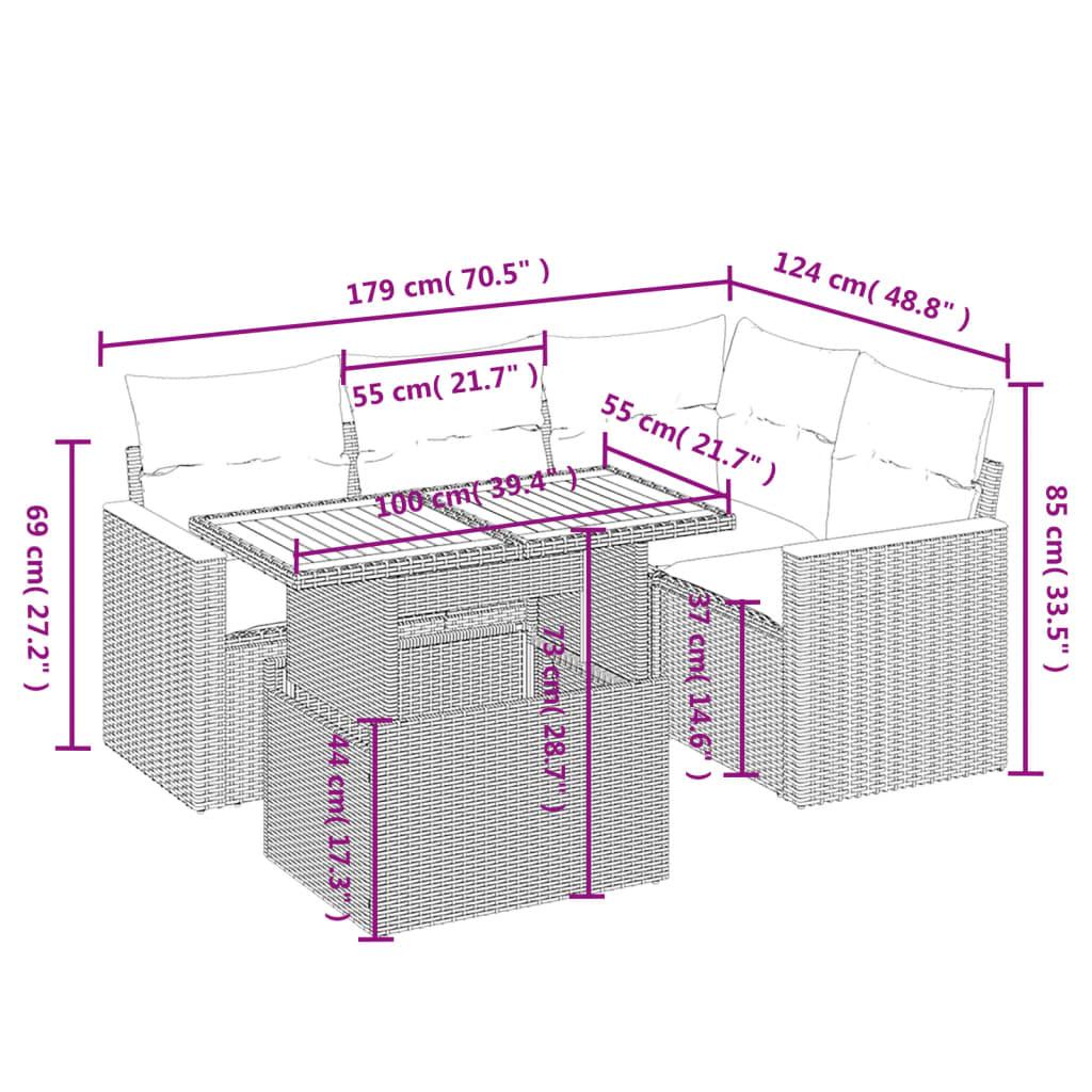 5-tlg. Garten-Sofagarnitur mit Kissen Schwarz Poly Rattan