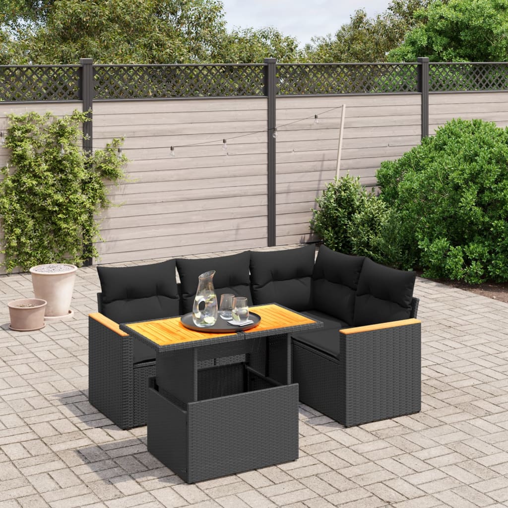 5-tlg. Garten-Sofagarnitur mit Kissen Schwarz Poly Rattan