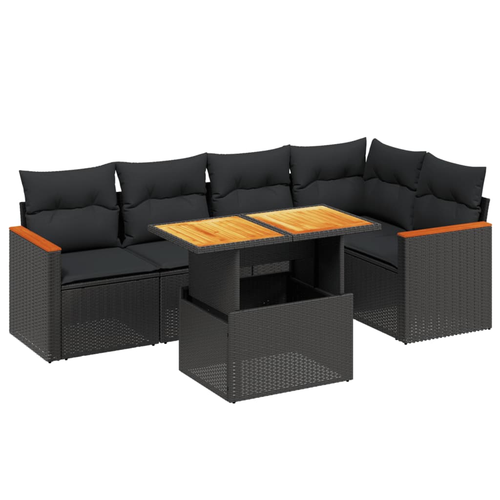 6-tlg. Garten-Sofagarnitur mit Kissen Schwarz Poly Rattan